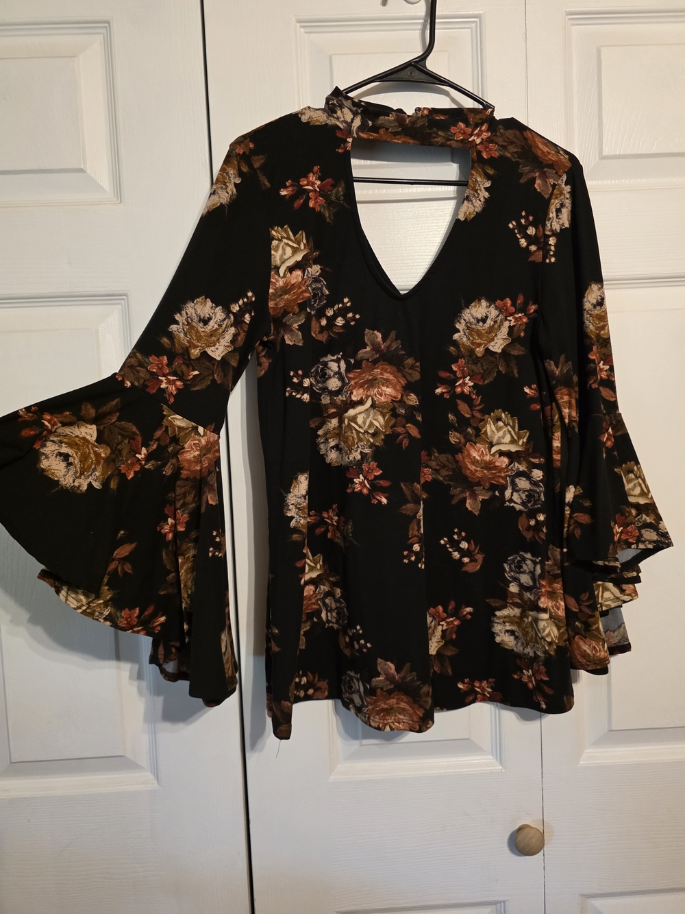 Floral Bell-Sleeve V-Neck Top - Black with Rust and Cream Flowers
